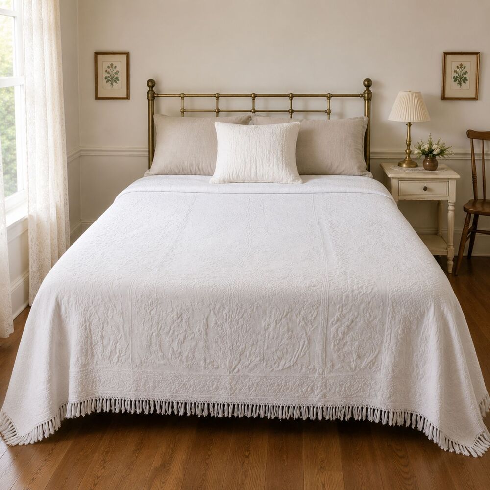 Vintage Bates of Maine White Cotton Bedspread Full Queen 96x103 USA Fringe